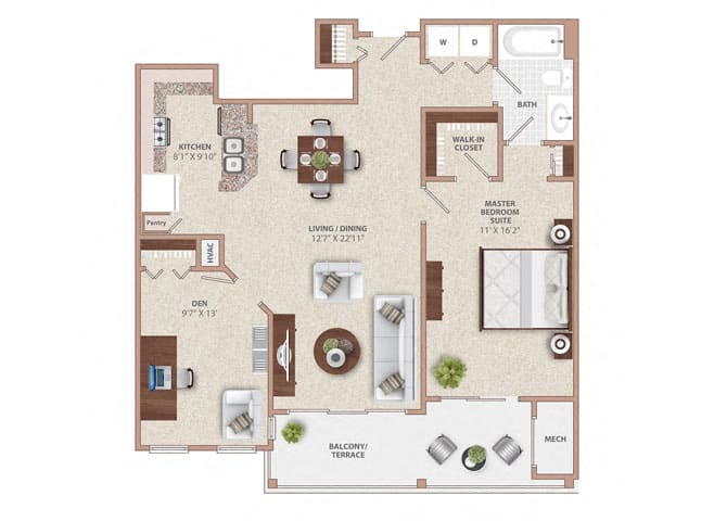 ONE BEDROOM ONE BATH WITH DEN floor plan